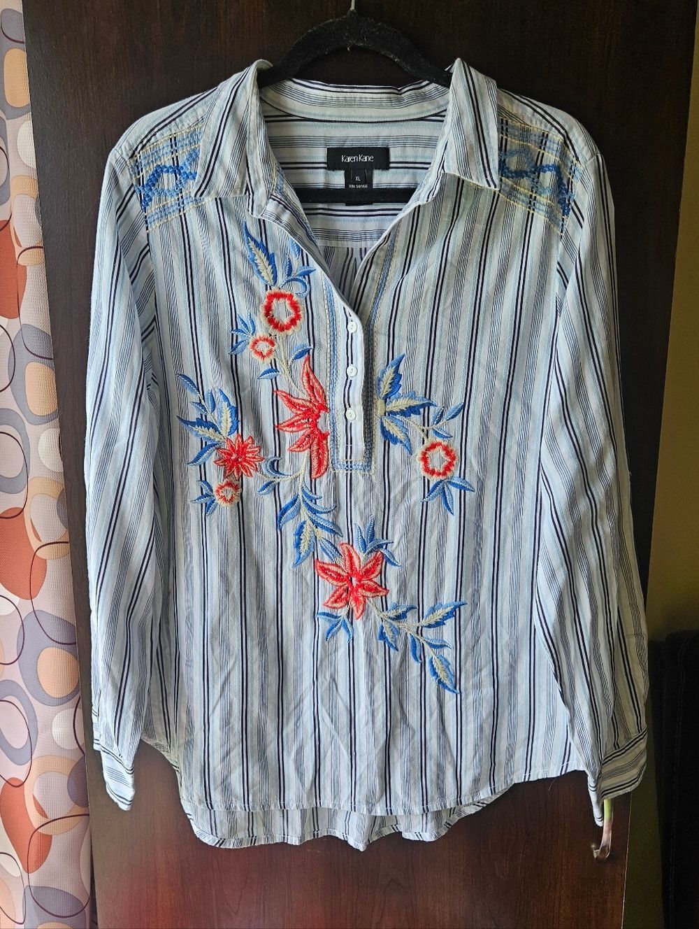 Karen Kane Striped Button Henley with Floral Embroidery - Blue & Red Size XL